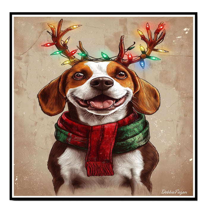 Beagle Holiday Joy - 'Rustic Reindeer' - Beagle Dog with Lighted Antlers & Cozy Scarf on Rustic Background, Ready to Hang 1.5" Thick Canvas Wrap, Floating Framed Canvas, Flat Rolled Canvas