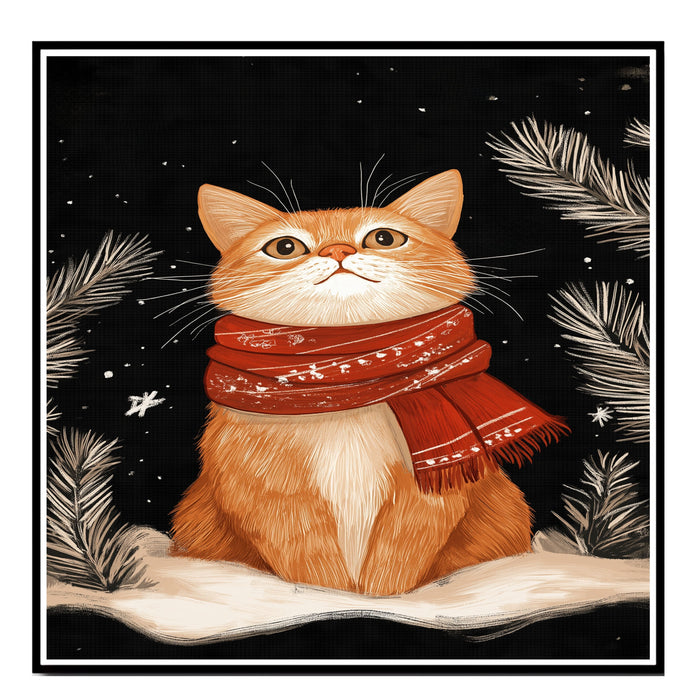 "Winter Paws Cat" - Cat in Red Scarf Sitting in Snow on Ready to Hang 1.5" Thick Canvas Wrap, Floating Framed Canvas, Flat Rolled Canvas