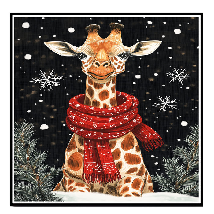 "Snowy Grace Giraffe" - Giraffe in Red Scarf Standing in Snow on Ready to Hang 1.5" Thick Canvas Wrap, Floating Framed Canvas, Flat Rolled Canvas