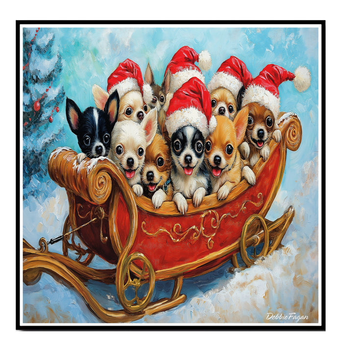 Dog Christmas Canvas  - "Sleighing the Season" - Adorable Puppies in Santa Hats on a Festive Sleigh in Winter Snow on Ready to Hang 1.5" Thick Canvas Wrap, Floating Framed Canvas, Flat Rolled Canvas