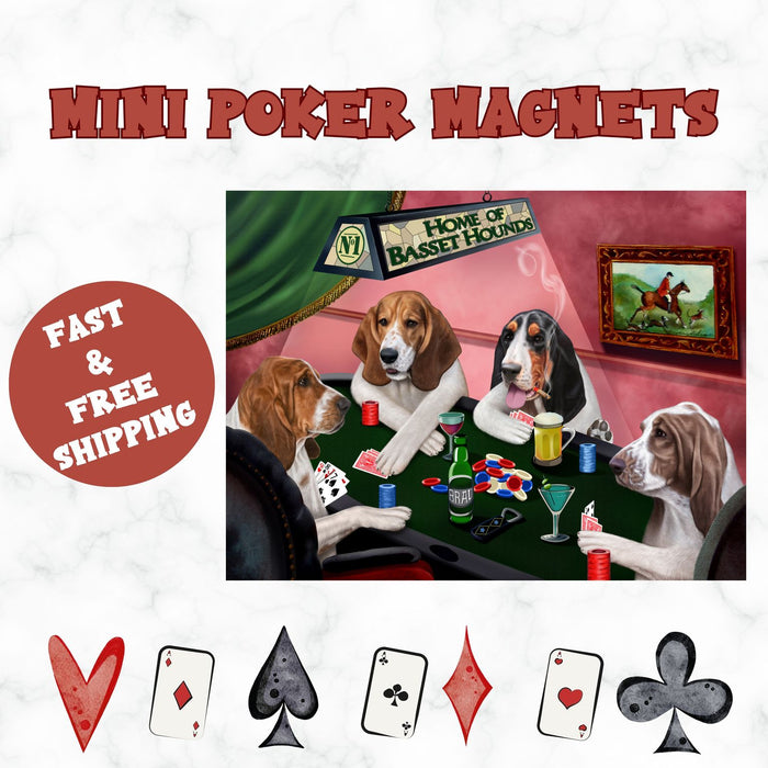 Home Of Basset Hounds 4 Dogs Playing Poker Magnet Mini (3.5" x 2")