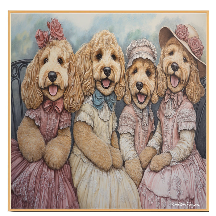 Dog Christmas Canvas  - "Victorian Doodle Charm" - Adorable Goldendoodles Dressed in Elegant Victorian Attire on Ready to Hang 1.5" Thick Canvas Wrap, Floating Framed Canvas, Flat Rolled Canvas