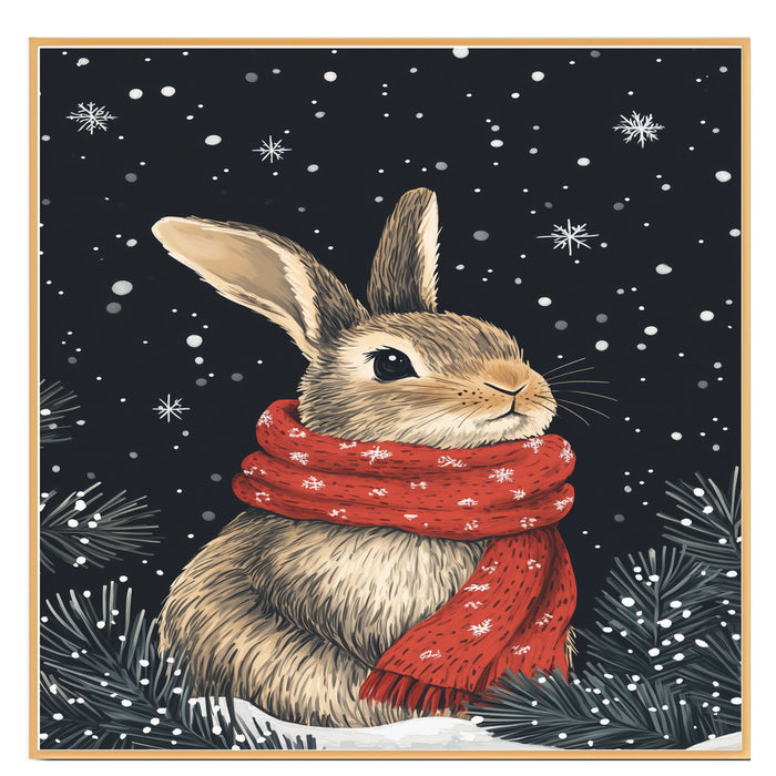 "Winter Wonderland Bunny" - Bunny in Red Scarf Sitting in Snow on Ready to Hang 1.5" Thick Canvas Wrap, Floating Framed Canvas, Flat Rolled Canvas