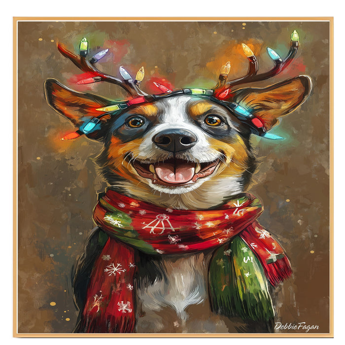 Holiday Bliss - 'Rustic Cheer' - Australian Shepherd Dog with Lighted Antlers & Cozy Scarf on Rustic Background, Ready to Hang 1.5" Thick Canvas Wrap, Floating Framed Canvas, Flat Rolled Canvas