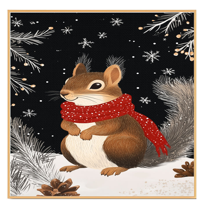 "Frosty Friend Squirrel" - Squirrel in Red Scarf Nestled in Snowy Scene on Ready to Hang 1.5" Thick Canvas Wrap, Floating Framed Canvas, Flat Rolled Canvas