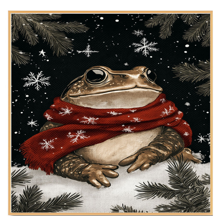 "Frosty Leap Frog" - Frog in Red Scarf Sitting in Snow on Ready to Hang 1.5" Thick Canvas Wrap, Floating Framed Canvas, Flat Rolled Canvas