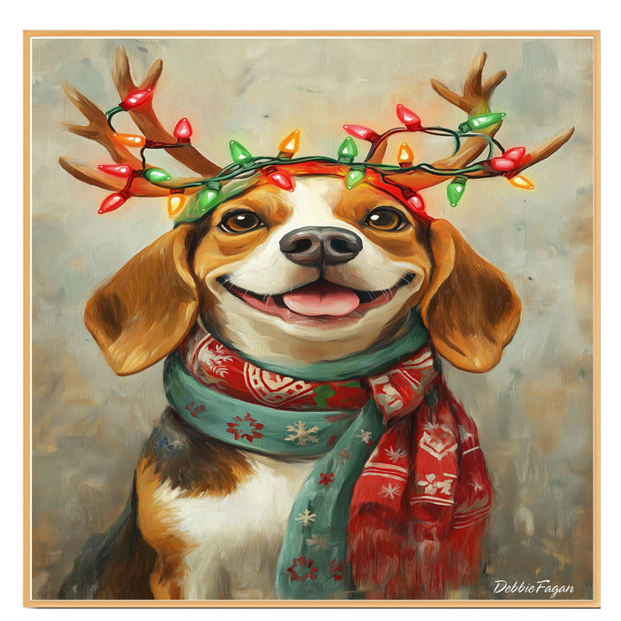 Beagle Christmas Charm - 'Rustic Snuggles' - Beagle Dog with Lighted Antlers & Festive Scarf on Rustic Canvas, Ready to Hang 1.5" Thick Canvas Wrap, Floating Framed Canvas, Flat Rolled Canvas