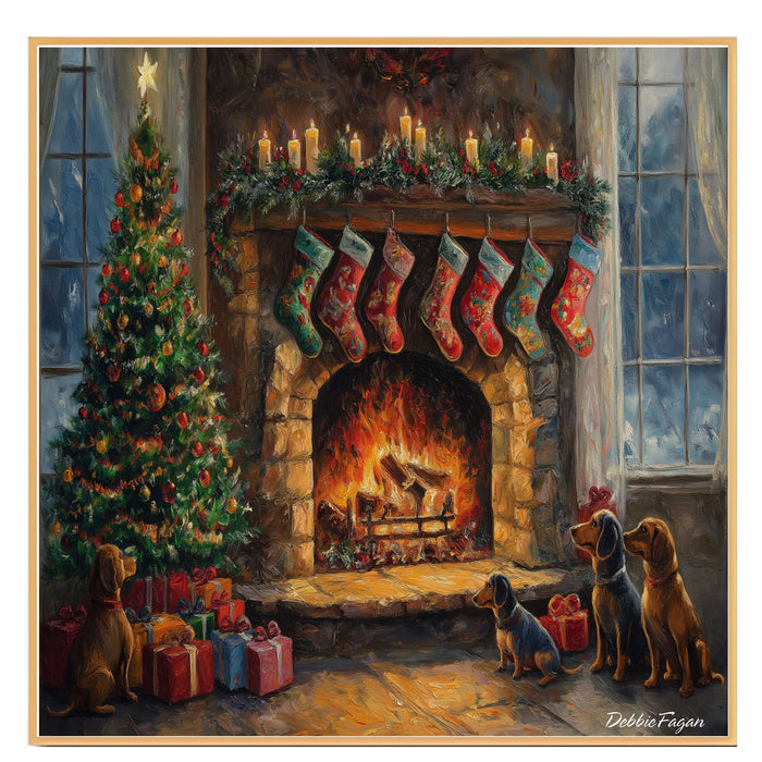 Dachshund Christmas Canvas - "Doxie Fireside Dreams" - Wiener Dogs by a Crackling Fireplace During a Winter Storm on Ready to Hang 1.5" Thick Canvas Wrap, Floating Framed Canvas, Flat Rolled Canvas