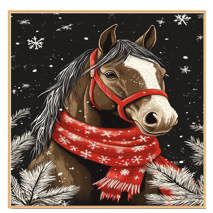 "Winter Majesty Horse" - Horse in Red Scarf Standing in Snow on Ready to Hang 1.5" Thick Canvas Wrap, Floating Framed Canvas, Flat Rolled Canvas