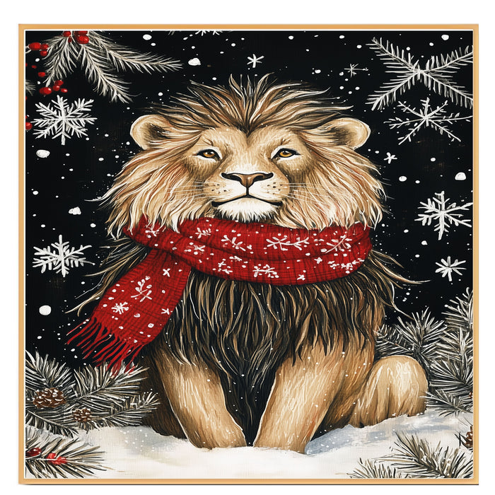 "Majestic Winter Lion" - Lion in Red Scarf Roaming the Snow on Ready to Hang 1.5" Thick Canvas Wrap, Floating Framed Canvas, Flat Rolled Canvas