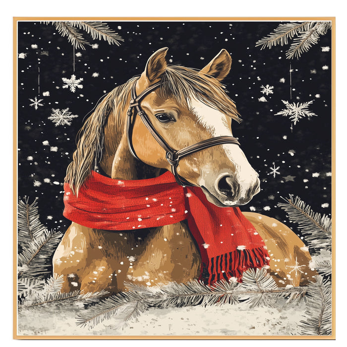 "Frosted Grace Horse" - Horse in Red Scarf Standing in Snowy Winter Scene on Ready to Hang 1.5" Thick Canvas Wrap, Floating Framed Canvas, Flat Rolled Canvas