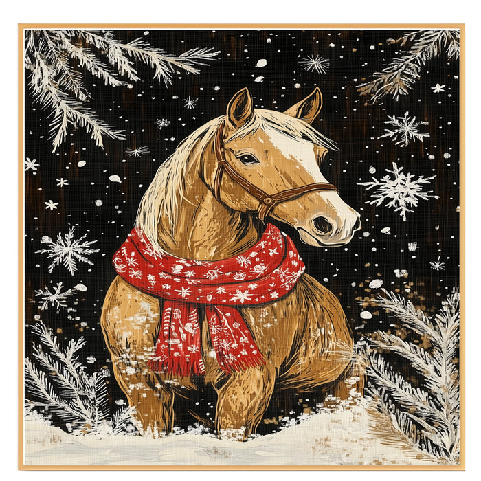 "Snowy Elegance Horse" - Horse in Red Scarf Amidst Winter Snow on Ready to Hang 1.5" Thick Canvas Wrap, Floating Framed Canvas, Flat Rolled Canvas