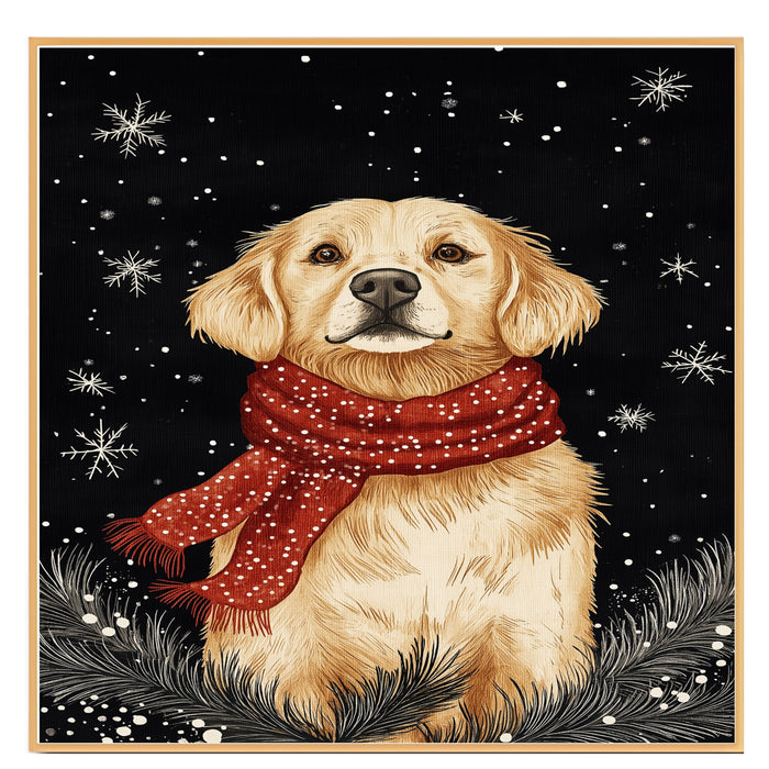 "Golden Winter Joy" - Golden Retriever in Red Scarf Sitting in Snow on Ready to Hang 1.5" Thick Canvas Wrap, Floating Framed Canvas, Flat Rolled Canvas