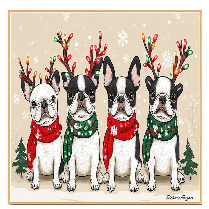 French Bulldogs Christmas Canvas - "Frenchie Frost" - with Festive Antlers in Winter Snow on Ready to Hang 1.5" Thick Canvas Wrap, Floating Framed Canvas, Flat Rolled Canvas