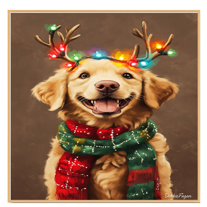 Bernedoodle Holiday Cheer - 'Rustic Antlers' - Bernedoodle Dog with Christmas Lights & Festive Scarf on Rustic Canvas, Ready to Hang 1.5" Thick Canvas Wrap, Floating Framed Canvas, Flat Rolled Canvas