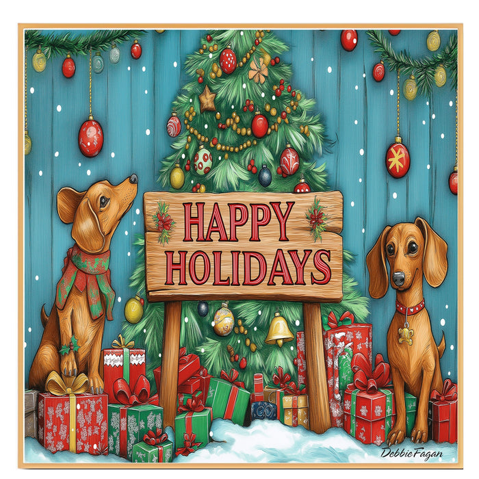 "Puppy Wonderland" - Adorable Puppies Playing in Winter Snow with Festive Christmas Trees and Presents on Ready to Hang 1.5" Thick Canvas Wrap, Floating Framed Canvas, Flat Rolled Canvas