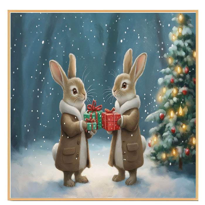 "Enchanted Forest Cheer: Bunnies Exchanging Gifts" Ð Cozy Winter Scene on Ready to Hang 1.5" Thick Canvas Wrap, Floating Framed Canvas, Flat Rolled Canvas