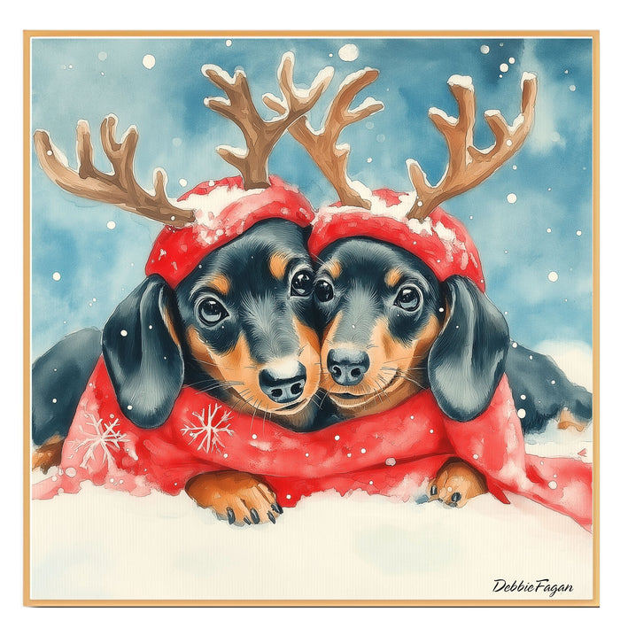 Doxie Christmas Canvas  - "Snowy Snouts" - Cozy Dachshund Dogs with Colorful Antlers in the Winter Snow on Ready to Hang 1.5" Thick Canvas Wrap, Floating Framed Canvas, Flat Rolled Canvas