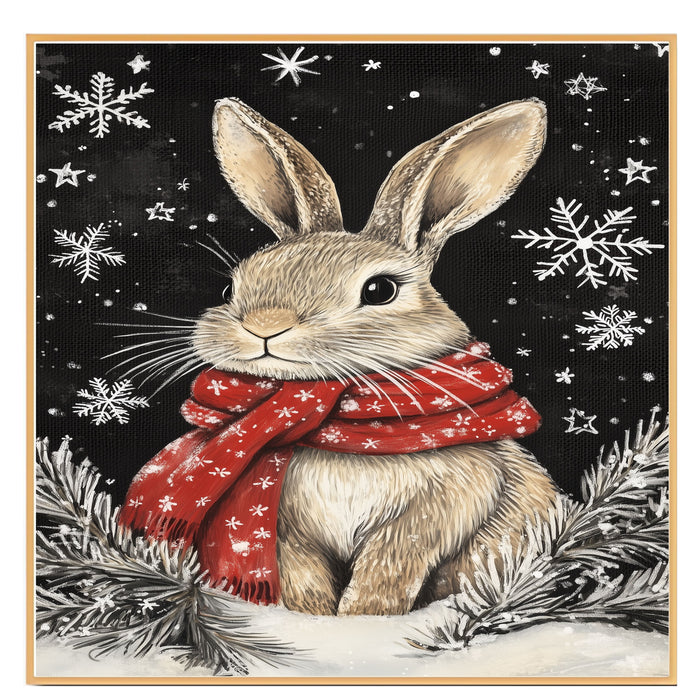 "Snowy Serenity Bunny" - Bunny in Red Scarf Sitting in Winter Snow on Ready to Hang 1.5" Thick Canvas Wrap, Floating Framed Canvas, Flat Rolled Canvas