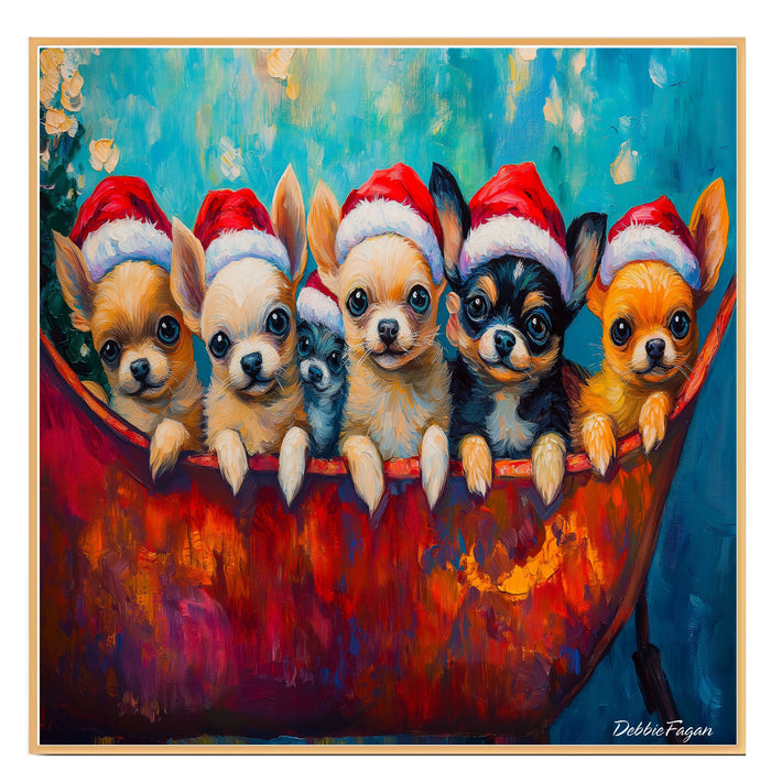 Dog Christmas Canvas  - ÒChihuahua CheerÓ - Adorable Puppies in Santa Hats on a Festive Sleigh on Ready to Hang 1.5" Thick Canvas Wrap, Floating Framed Canvas, Flat Rolled Canvas