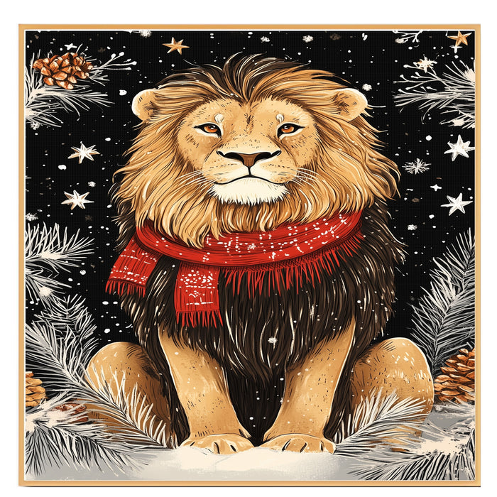 "Frosted Pride Lion" - Lion in Red Scarf Amidst Snowy Scenery on Ready to Hang 1.5" Thick Canvas Wrap, Floating Framed Canvas, Flat Rolled Canvas