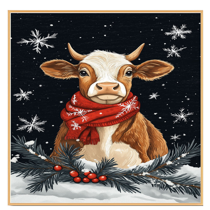 "Winter Bliss Cow" - Cow in Red Scarf Sitting in Snow on Ready to Hang 1.5" Thick Canvas Wrap, Floating Framed Canvas, Flat Rolled Canvas