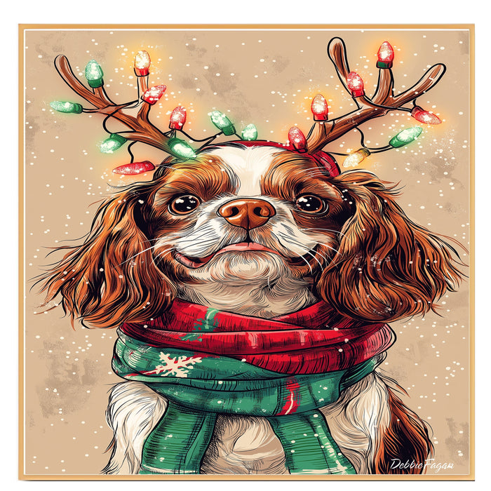 "Flurries of Joy" - Cavalier King Charles Dog with Lighted Antlers & Holiday Scarf in Snowfall, Ready to Hang 1.5" Thick Canvas Wrap, Floating Framed Canvas, Flat Rolled Canvas