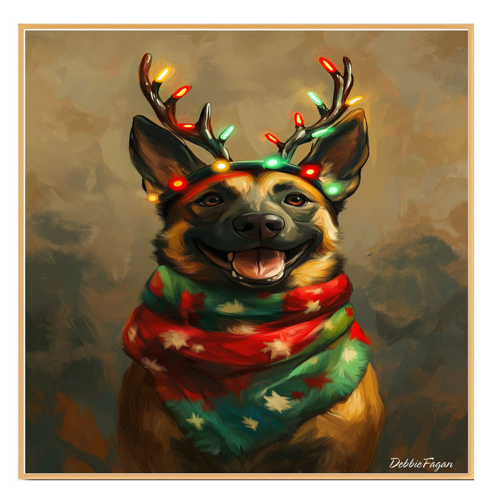 Rustic Antlers' - Belgian Malinois Dog with Lighted Antlers & Festive Scarf on Rustic Canvas, Ready to Hang 1.5" Thick Canvas Wrap, Floating Framed Canvas, Flat Rolled Canvas