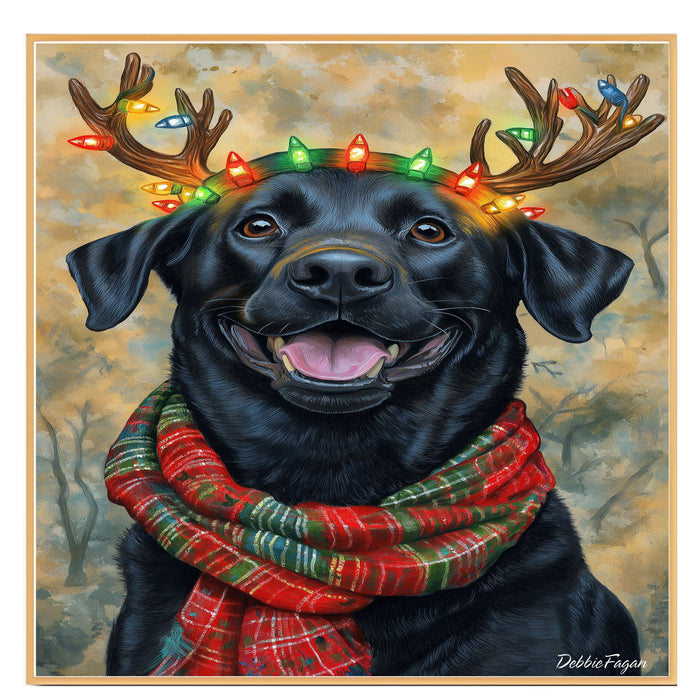 Forest Glow' - Black Labrador Dog with Lighted Antlers & Holiday Scarf in Snowy Forest, Ready to Hang 1.5" Thick Canvas Wrap, Floating Framed Canvas, Flat Rolled Canvas