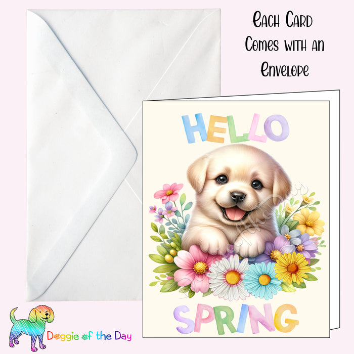 Hello Spring Little Puppy Greeting Card with Envelope, Fun and Cute Dog Portrait Stationery, 5x7"
