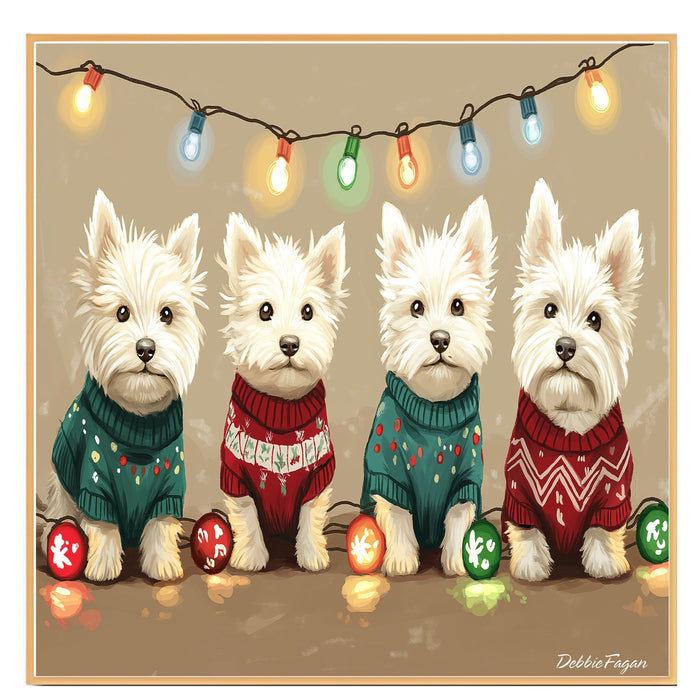 Dog Christmas Canvas  - "Highland Holiday Joy" - West Highland Terriers in Festive Sweaters with Christmas Lights on Ready to Hang 1.5" Thick Canvas Wrap, Floating Framed Canvas, Flat Rolled Canvas