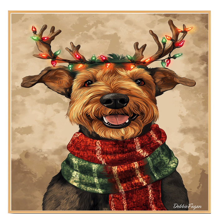 Airedale Festive Lights - 'Holiday Antlers' - Airedale Terrier in Red & Green Scarf with Christmas Light Antlers, Ready to Hang 1.5" Thick Canvas Wrap, Floating Framed Canvas, Flat Rolled Canvas