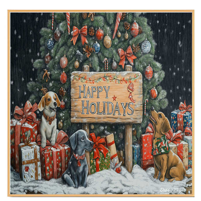 Christmas Canvas - "Puppy Wishes" - Cute Pups Surrounded by Gifts Under the Christmas Tree in a Winter Wonderland on Ready to Hang 1.5" Thick Canvas Wrap, Floating Framed Canvas, Flat Rolled Canvas