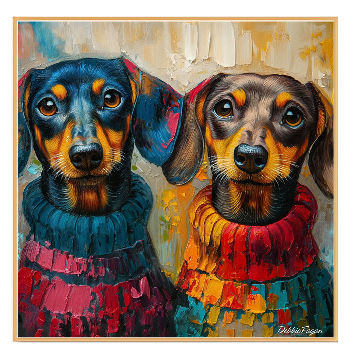 Dachshund Christmas Canvas - "Dapper Doxies" - Cute Colorful Wieners in Cozy Sweaters on Ready to Hang 1.5" Thick Canvas Wrap, Floating Framed Canvas, Flat Rolled Canvas