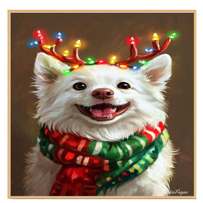 Frosty Festivities' - American Eskimo Dog with Twinkling Antlers & Cozy Scarf on Rustic Background, Ready to Hang 1.5" Thick Canvas Wrap, Floating Framed Canvas, Flat Rolled Canvas