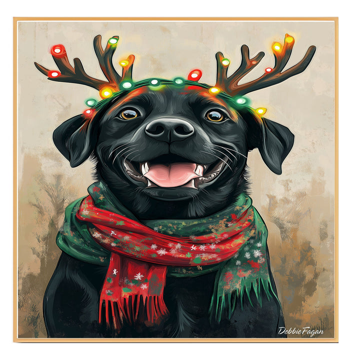 "Rustic Noel" - Black Labrador Dog with Festive Antlers & Cozy Scarf on Rustic Canvas, Ready to Hang 1.5" Thick Canvas Wrap, Floating Framed Canvas, Flat Rolled Canvas