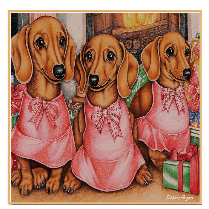 Dog Christmas Canvas - "Dachshund Delight" - Vintage-Inspired Art with Festive Presents on Ready to Hang 1.5" Thick Canvas Wrap, Floating Framed Canvas, Flat Rolled Canvas