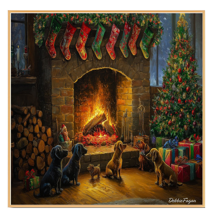 Dachshund Christmas Canvas - "Festive Fireside Friends" - Cozy Wiener Dogs by the Christmas Fireplace on Ready to Hang 1.5" Thick Canvas Wrap, Floating Framed Canvas, Flat Rolled Canvas