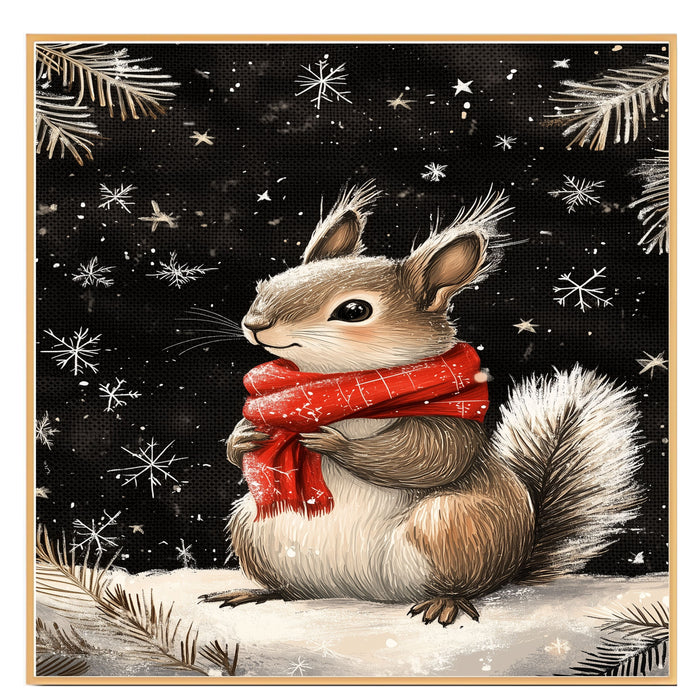 "Winter Delight Squirrel" - Squirrel in Red Scarf Playing in Snow on Ready to Hang 1.5" Thick Canvas Wrap, Floating Framed Canvas, Flat Rolled Canvas