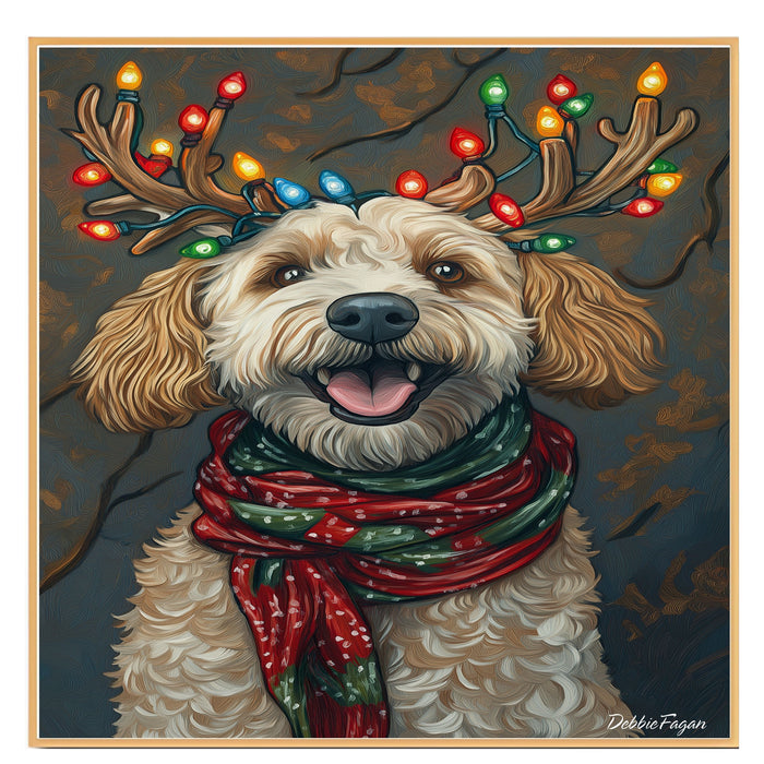 Rustic Merriment' - Bernedoodle Dog with Festive Antlers & Warm Scarf on Rustic Canvas Ready to Hang 1.5" Thick Canvas Wrap, Floating Framed Canvas, Flat Rolled Canvas