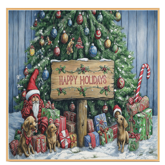 Dog Christmas Canvas - "Holiday Paws" - Adorable Puppies with Elf Hats and Presents Beneath the Christmas Tree on Ready to Hang 1.5" Thick Canvas Wrap, Floating Framed Canvas, Flat Rolled Canvas