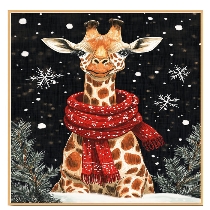 "Snowy Grace Giraffe" - Giraffe in Red Scarf Standing in Snow on Ready to Hang 1.5" Thick Canvas Wrap, Floating Framed Canvas, Flat Rolled Canvas