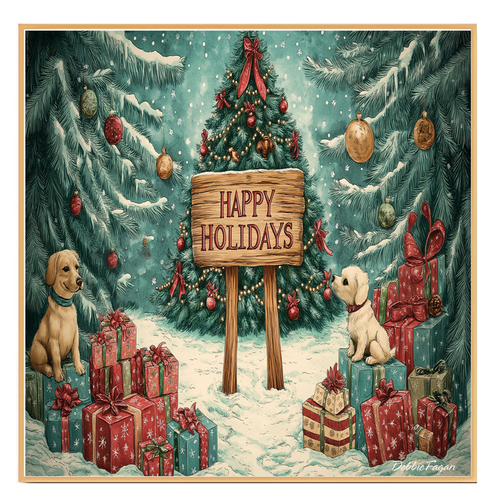 Christmas Canvas - "Winter Wonderland" - Adorable Puppies Playing in a Snowy Forest with Christmas Tree and Gifts on Ready to Hang 1.5" Thick Canvas Wrap, Floating Framed Canvas, Flat Rolled Canvas