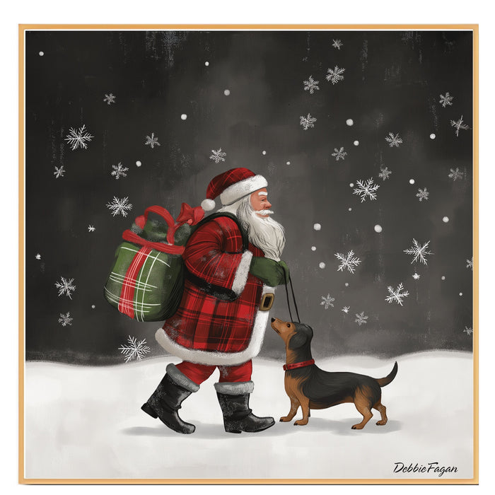 Doxie Christmas Canvas  - "Snowy Adventure" - Dachshund and Santa in The Winter Snow on Ready to Hang 1.5" Thick Canvas Wrap, Floating Framed Canvas, Flat Rolled Canvas