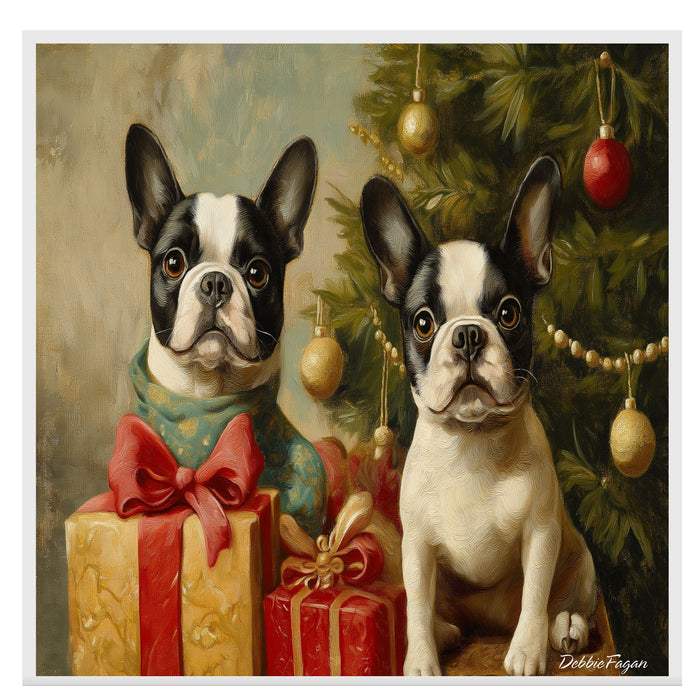 Christmas Canvas  - "Frenchie Festive Cheer" - French Bulldogs with Vintage Christmas Tree and Presents on Ready to Hang 1.5" Thick Canvas Wrap, Floating Framed Canvas, Flat Rolled Canvas