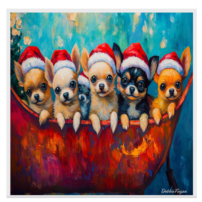 Dog Christmas Canvas  - ÒChihuahua CheerÓ - Adorable Puppies in Santa Hats on a Festive Sleigh on Ready to Hang 1.5" Thick Canvas Wrap, Floating Framed Canvas, Flat Rolled Canvas