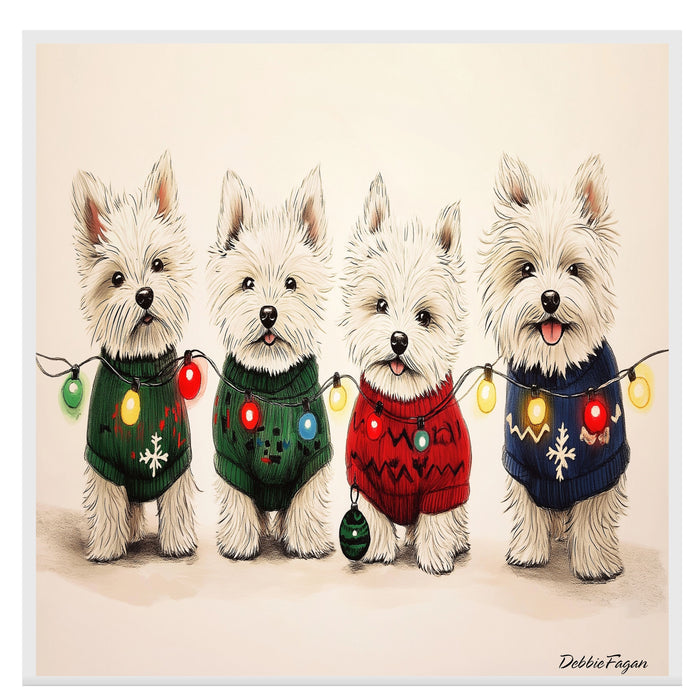 Dog Christmas Canvas  - "Winter Wonder Westies" - West Highland Terriers in Festive Sweaters & Christmas Lights on Ready to Hang 1.5" Thick Canvas Wrap, Floating Framed Canvas, Flat Rolled Canvas