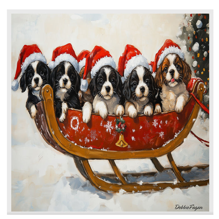 Dog Christmas Canvas  - "Santa's Little Helpers" - Adorable Puppies in Santa Hats on a Sleigh in a Winter Wonderland on Ready to Hang 1.5" Thick Canvas Wrap, Floating Framed Canvas, Flat Rolled Canvas