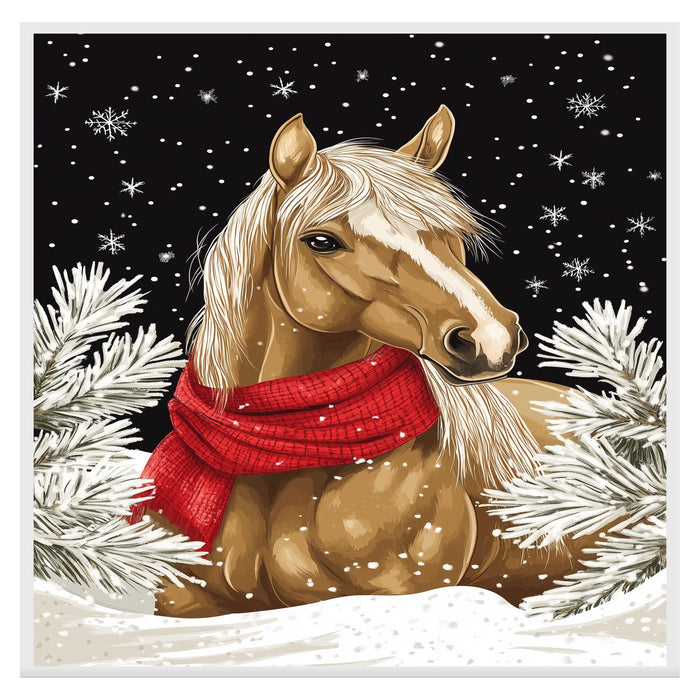 "Winter Whisper Horse" - Horse in Red Scarf in Serene Snowy Landscape on Ready to Hang 1.5" Thick Canvas Wrap, Floating Framed Canvas, Flat Rolled Canvas