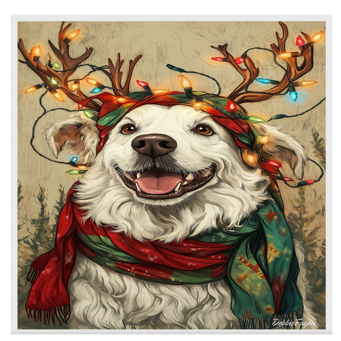 Holiday Joy - 'Winter Wonderland' - Dog with Christmas Lights & Scarf on Rustic Canvas, Ready to Hang 1.5" Thick Canvas Wrap, Floating Framed Canvas, Flat Rolled Canvas